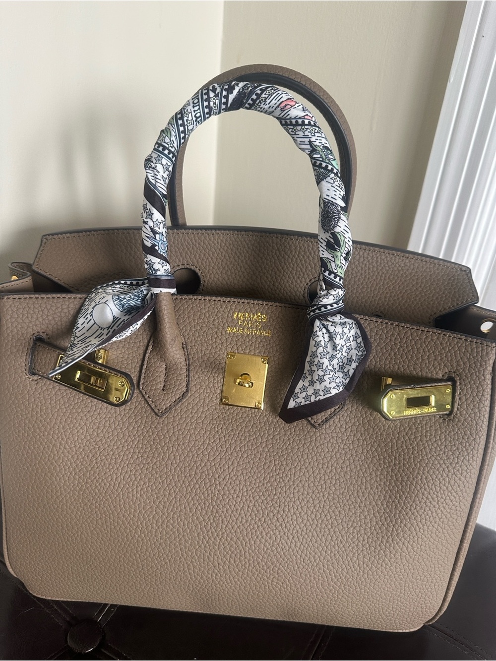 Taupe Leather Top-Handle Women’s Bag with Gold Hardware